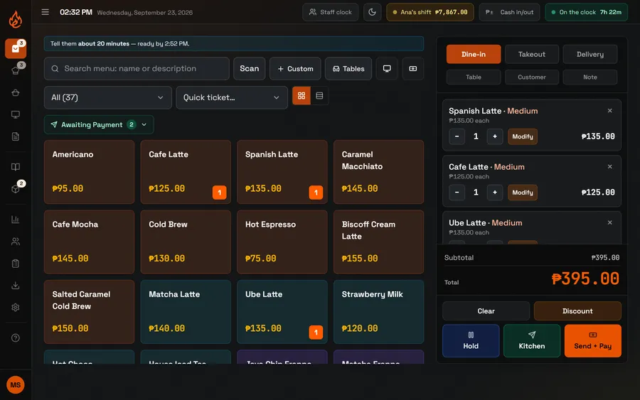 The Ember POS register with three drinks in the order and a total of ₱395.00