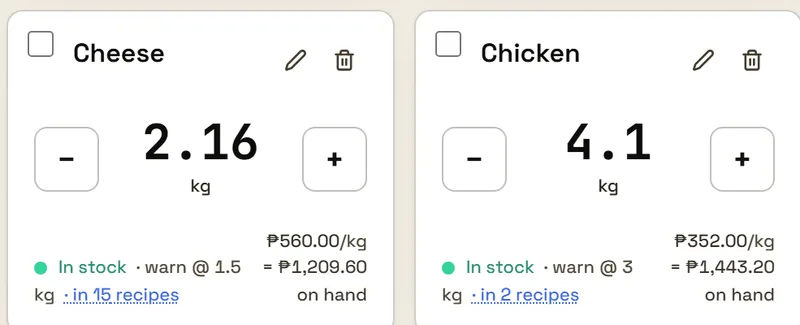 Two ingredient cards showing stock on hand, value and the recipes each is used in
