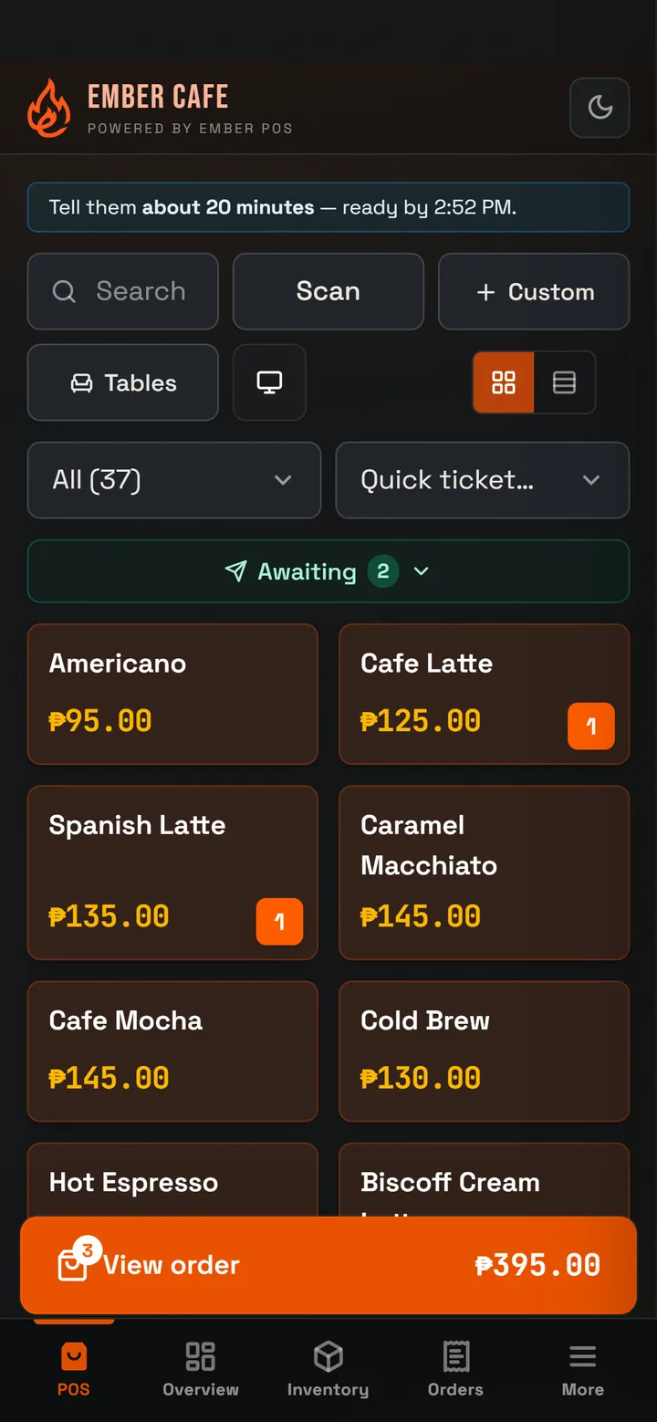 The Ember POS register on an Android phone